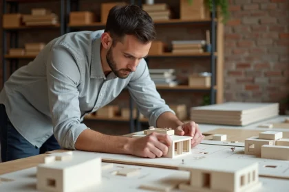 Architecte travaillant sur des maquettes architecturales 3D en studio de design, illustrant la modélisation physique