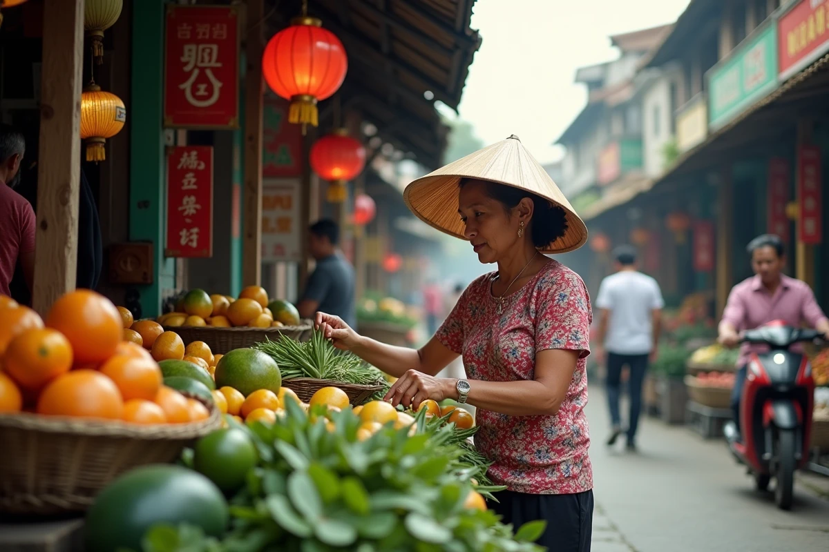 Marché local animé au Vietnam avec une vendeuse proposant des fruits et légumes frais à prix abordable, illustrant le faible coût de la vie en Asie du Sud-Est