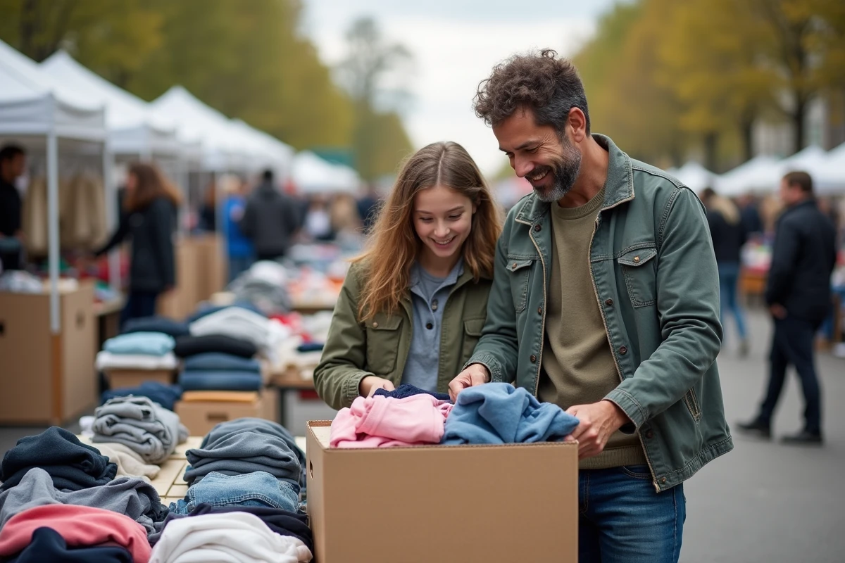 Père et adolescente triant des vêtements d'occasion sur un marché de seconde main en plein air