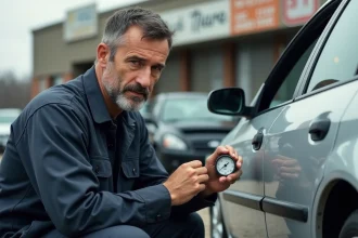 Mécanicien inspectant le kilométrage d'une voiture d'occasion dans un lot de véhicules d'occasion