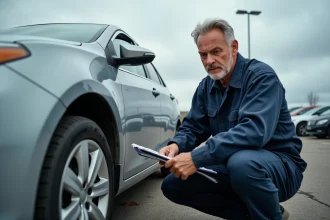 Mécanicien inspectant une voiture d'occasion dans un parking de concessionnaire automobile