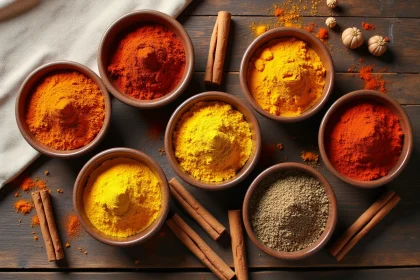Assortiment de mélanges d'épices colorés dans des bols en céramique sur une table en bois rustique, vue de dessus