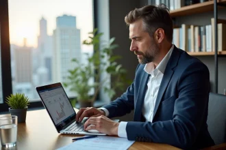 Homme d'affaires analysant des placements financiers sur un ordinateur portable dans un bureau moderne en 2026