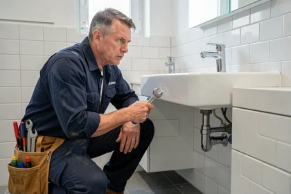 Plombier professionnel en intervention d'urgence dans une salle de bain alsacienne, illustrant le thème des meilleurs plombiers d'urgence dans le Bas-Rhin