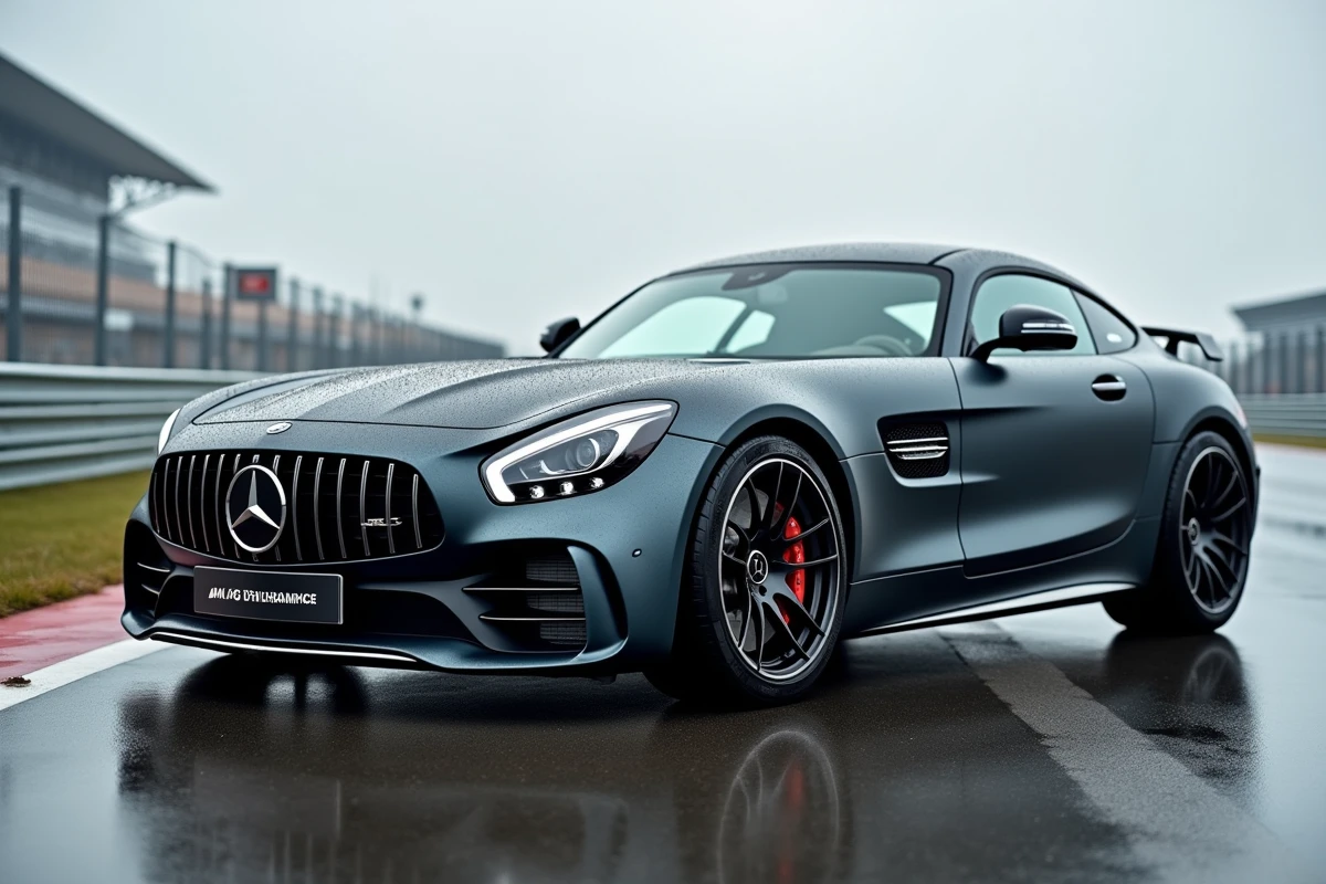 Mercedes-AMG GT 63 sur circuit avec interface AMG Dynamics visible depuis l'extérieur de la voiture