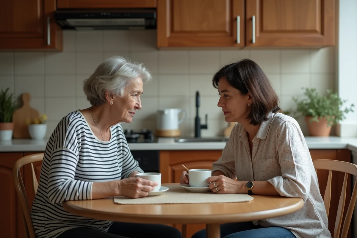 Mère et fille adulte assises en silence à une table de cuisine, illustrant la distance émotionnelle dans la relation mère-fille
