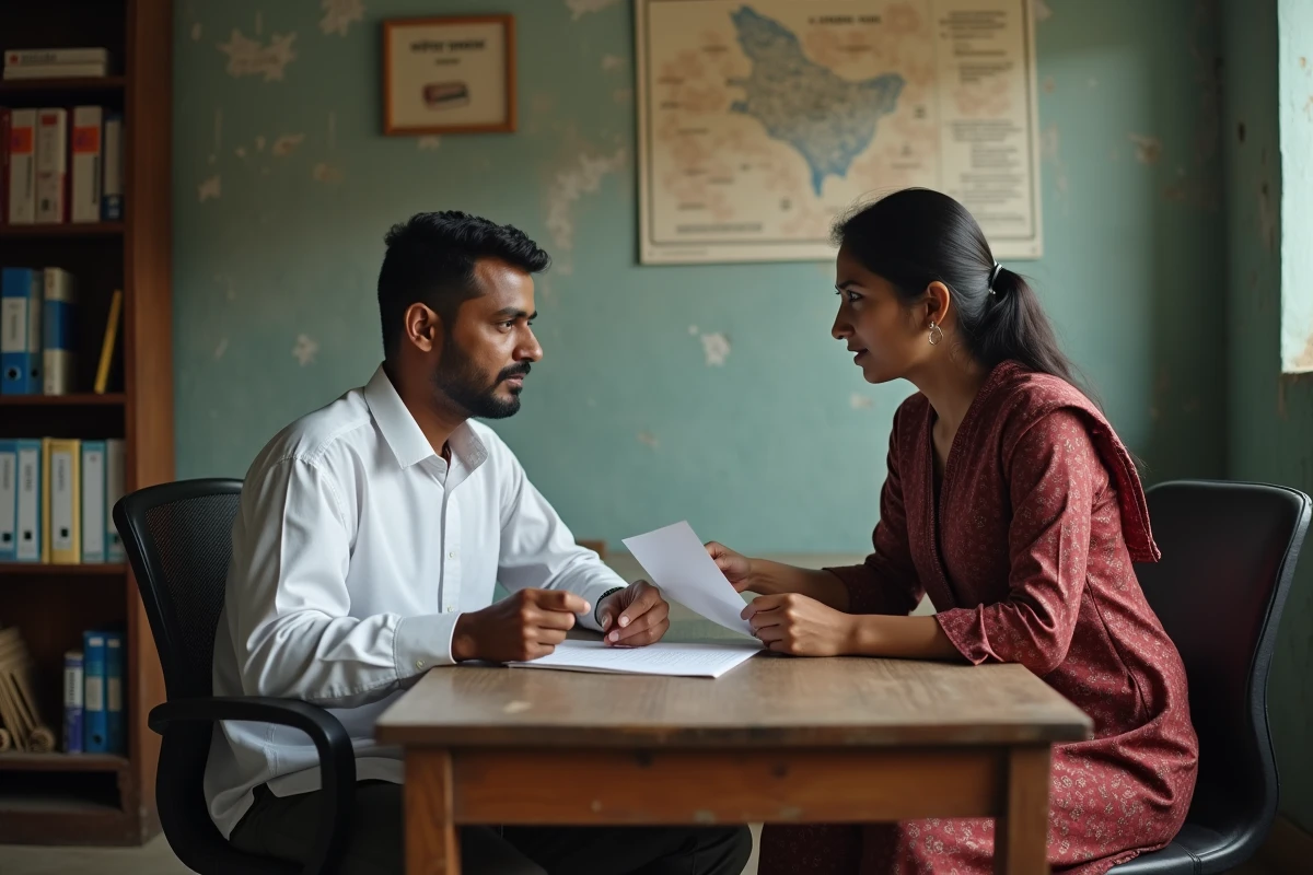 Un homme bangladais discute d'un microcrédit avec une conseillère financière dans un bureau de microfinance urbain, illustrant l'accès au financement comme solution aux inégalités de développement