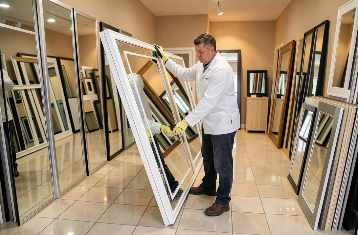 Vitrier et miroitier de la Miroiterie Angevine à Angers transportant un grand panneau miroir décoratif dans leur showroom de miroiterie