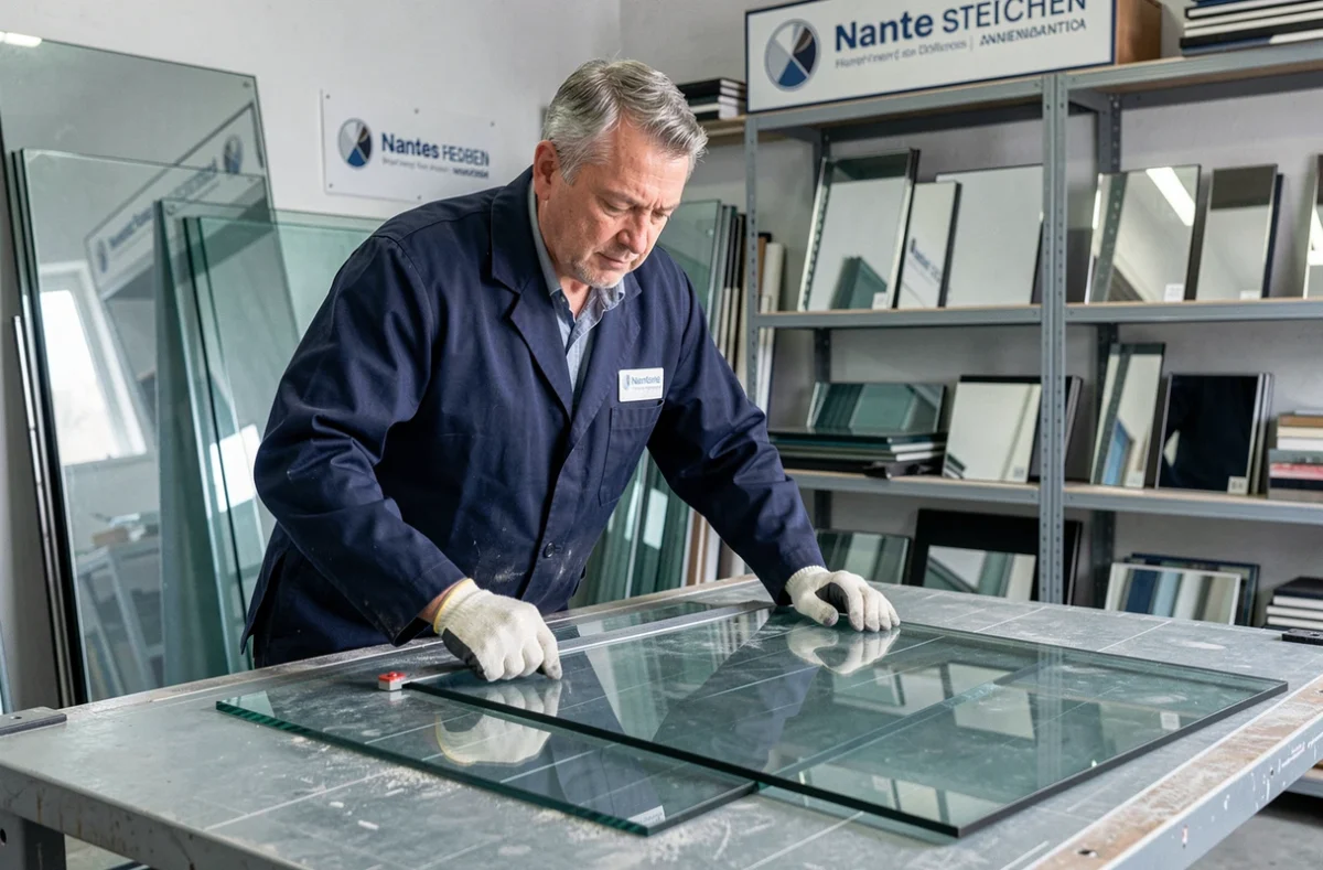 Vitrier spécialiste de la Miroiterie Nantaise à Nantes mesurant une grande plaque de verre sur une table de coupe professionnelle