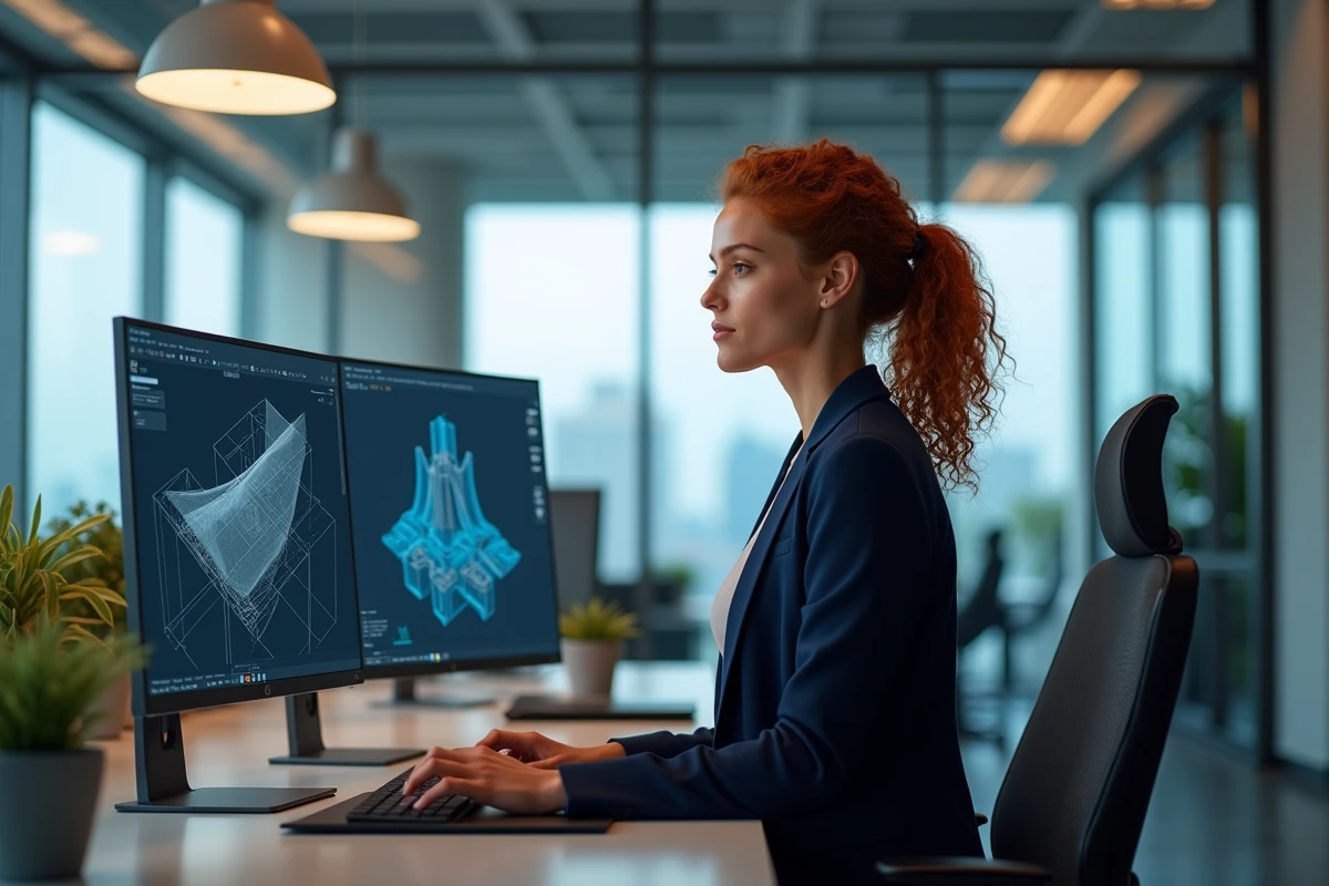 Ingénieure utilisant un logiciel de modélisation 3D CAO sur ordinateur dans un bureau moderne