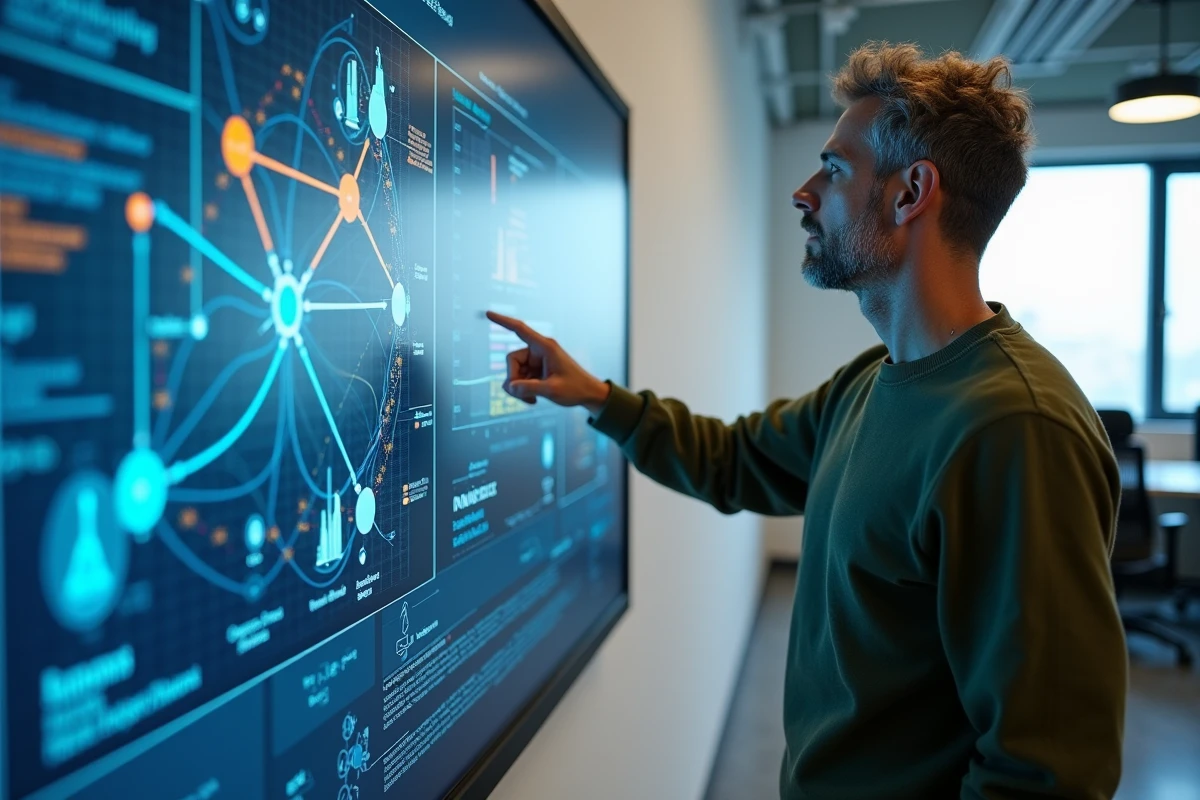 Scientifique des données présentant un modèle prédictif mathématique sur écran interactif en laboratoire