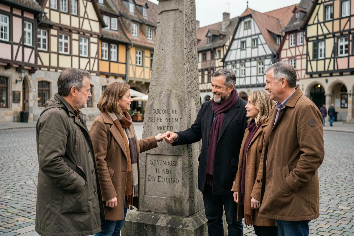 Groupe de personnes découvrant un monument historique gravé dans le quartier alsacien de Strasbourg en automne