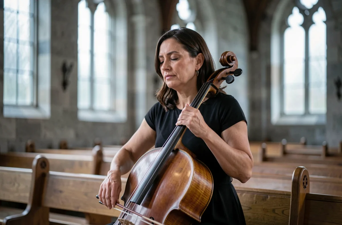 Musicienne jouant du violoncelle avec émotion dans une église en pierre lors de funérailles, atmosphère recueillie et douce