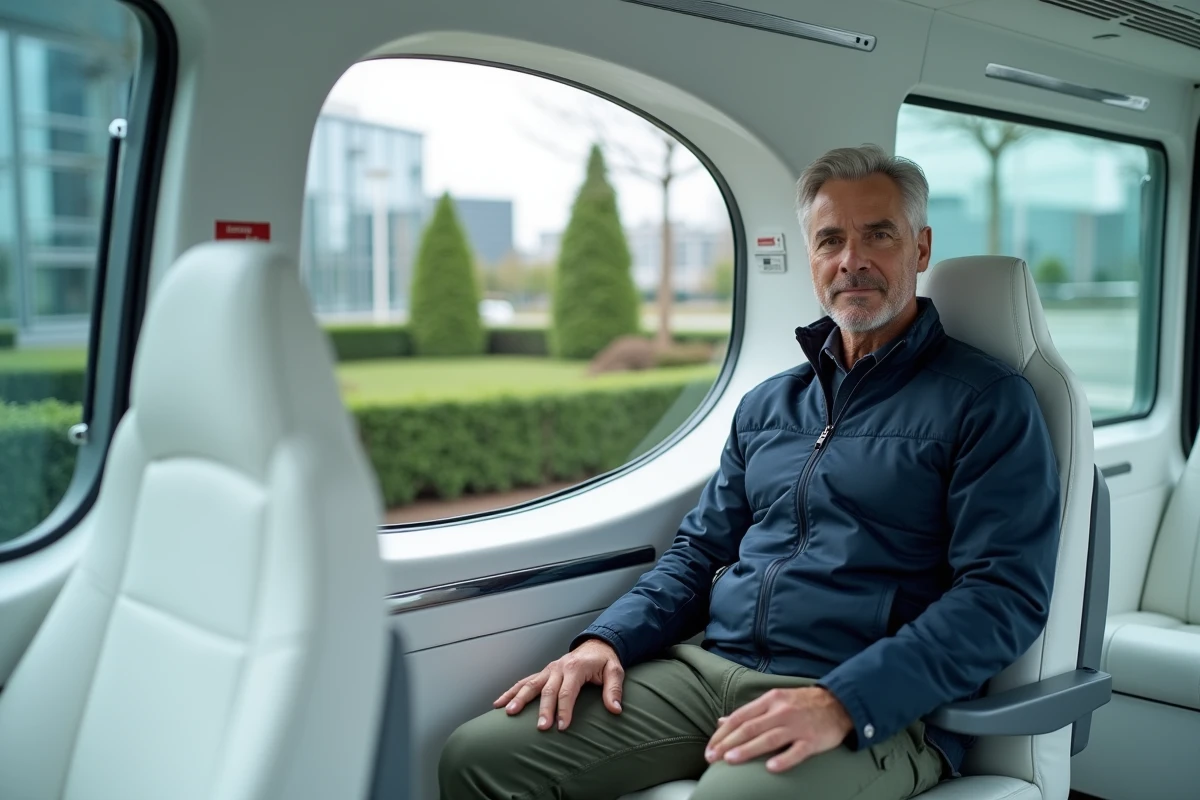 Homme en veste technique assis dans une navette autonome électrique au design futuriste et épuré