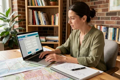 Femme utilisant un outil en ligne de conversion hectares en kilomètres carrés sur un ordinateur portable dans un bureau à domicile entouré de cartes de terrain
