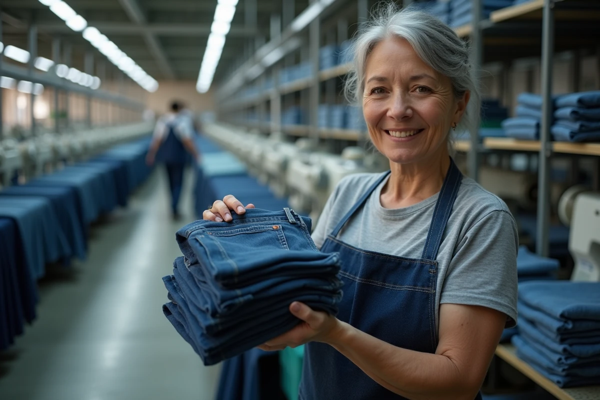 Ouvrière textile inspectant des jeans en denim brut dans une usine de fabrication, représentant le début du voyage d'un jean