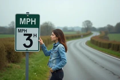 Femme étudiant un panneau de vitesse indiquant à la fois mph et km/h sur une route de campagne