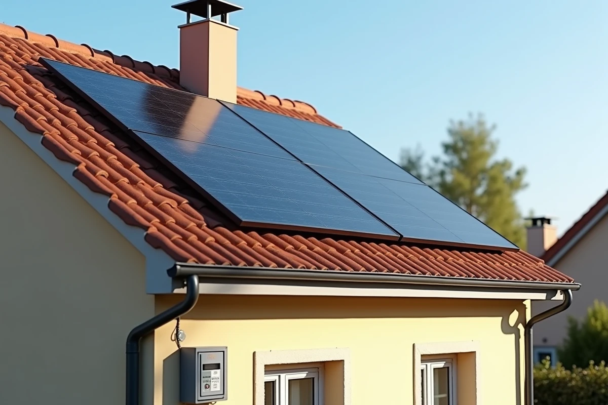 Panneaux solaires photovoltaïques installés sur une toiture de maison individuelle avec compteur de raccordement au réseau Enedis