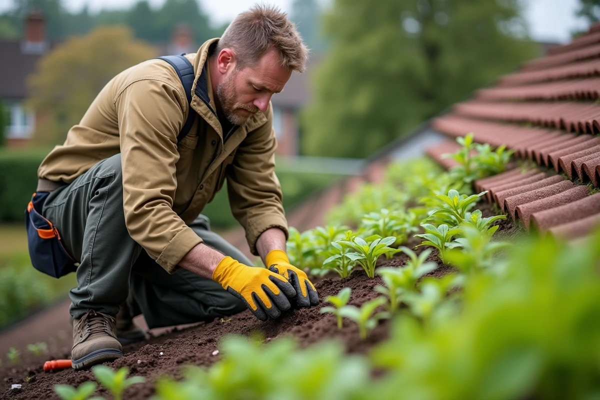 Paysagiste installant des plantes de sedum sur un toit végétalisé en pente d'une maison résidentielle