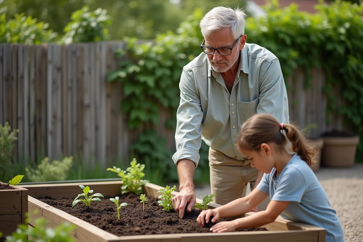Enseignant Freinet supervisant des élèves lors d'une activité d'apprentissage par l'expérience au jardin scolaire