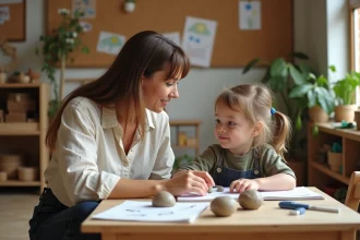 Enseignante pratiquant la pédagogie Freinet avec un élève autour d'activités manuelles créatives en classe