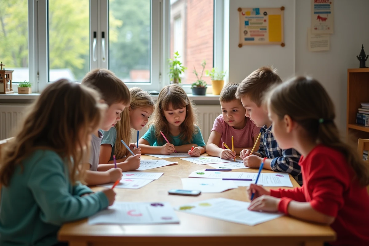 Groupe d'élèves collaborant sur un journal scolaire manuscrit selon les principes de la pédagogie Freinet