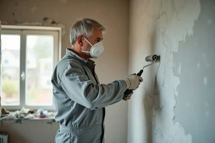 Homme portant un masque respiratoire en train de peindre un mur intérieur lors de travaux de rénovation