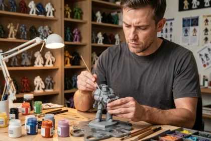 Peintre amateur adulte appliquant des détails fins sur une figurine Warhammer Space Marine à son bureau de travail encombré d'outils de peinture miniature