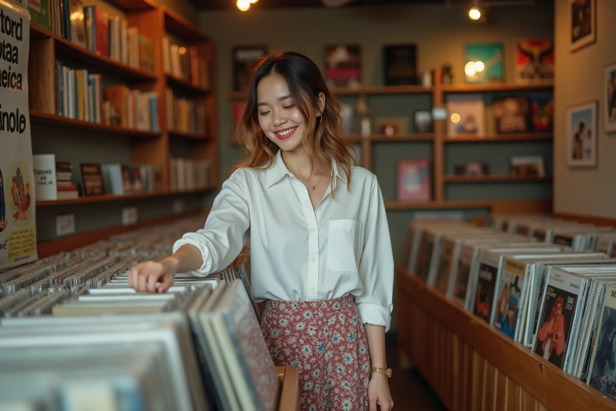 Personne non binaire joyeuse feuilletant des vinyles dans une boutique de musique indépendante