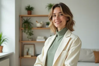 Personne non binaire souriante portant un blazer crème élégant dans un appartement scandinave lumineux