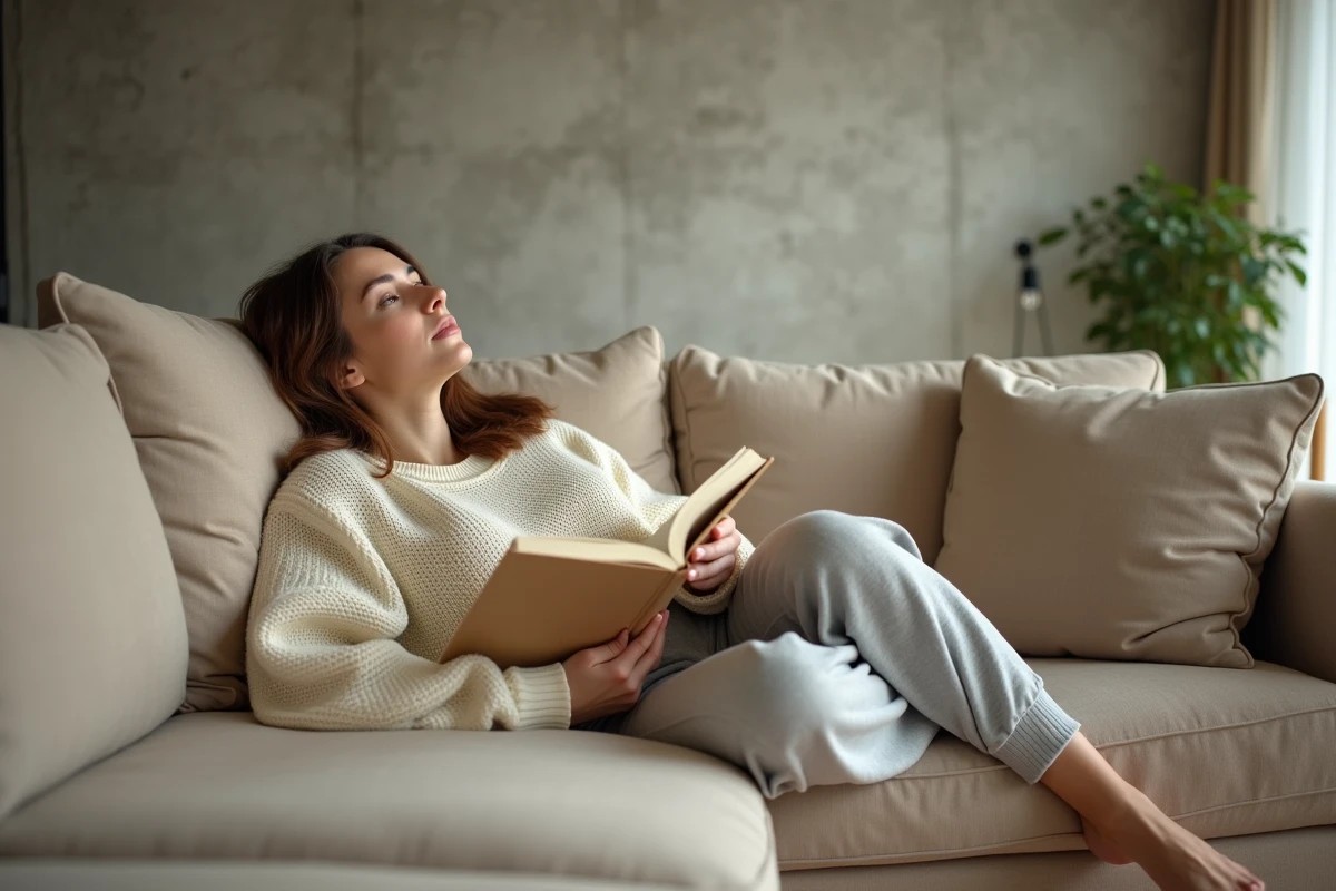 Jeune femme adulte rêveuse allongée avec un livre, représentant la perte de concentration et la durée d'attention limitée