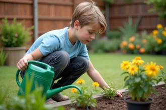 Jeune garçon de 12 ans arrosant des plantes dans un jardin, petit boulot de jardinage pour enfant