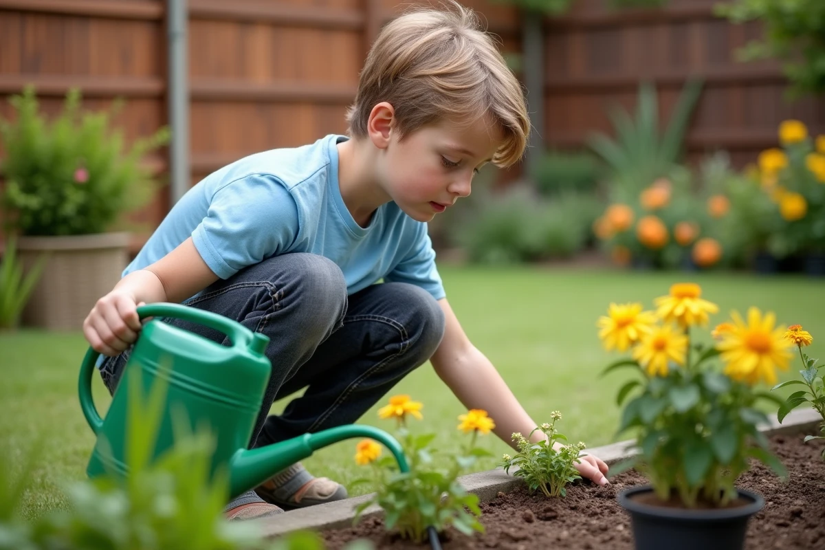 Jeune garçon de 12 ans arrosant des plantes dans un jardin, petit boulot de jardinage pour enfant