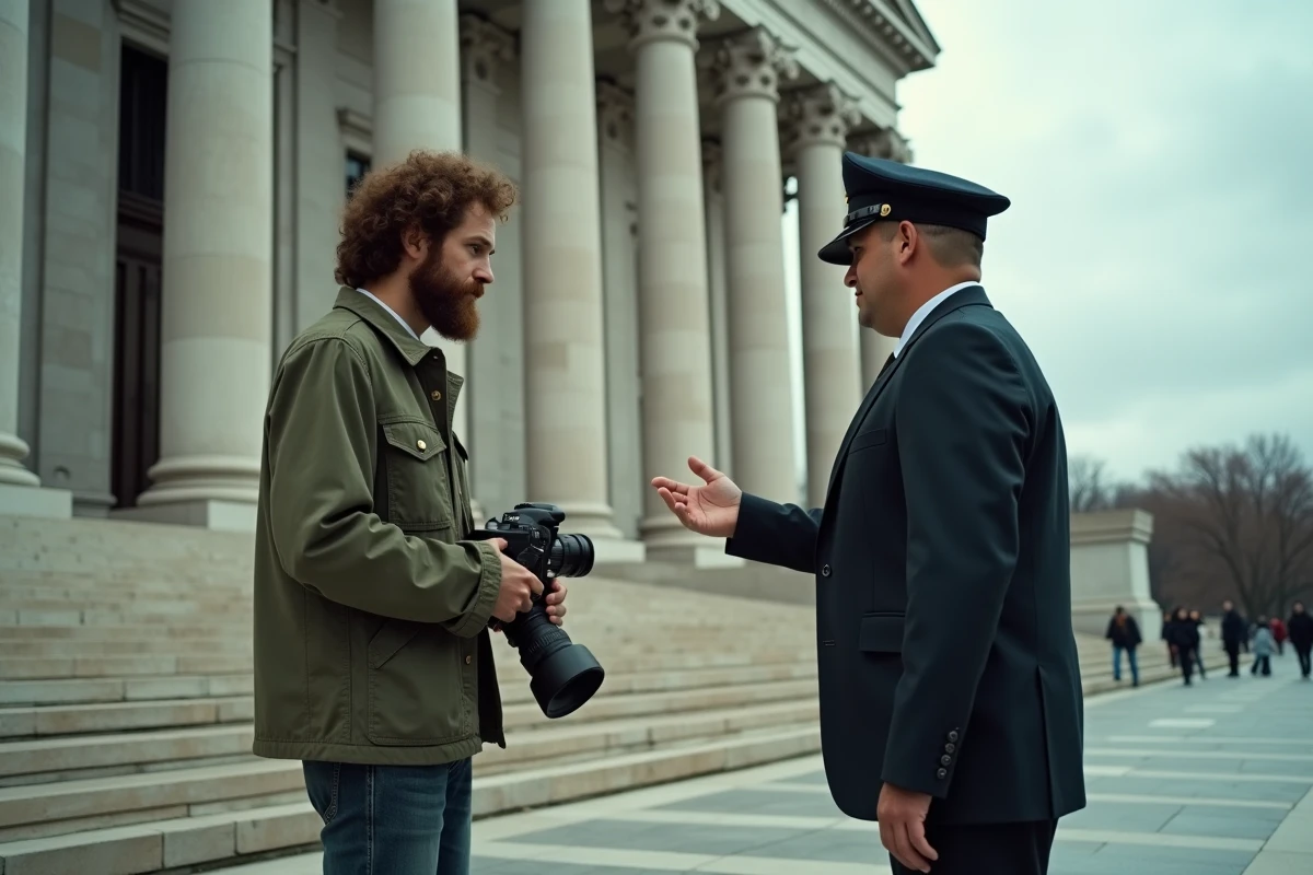 Photographe de presse face à un agent de sécurité devant un bâtiment officiel, symbolisant les obstacles à la liberté journalistique