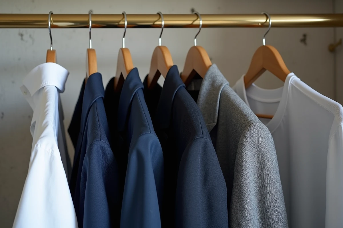 Cinq pièces essentielles d'une garde-robe minimaliste suspendues sur une tringle en laiton devant un mur en plâtre brut