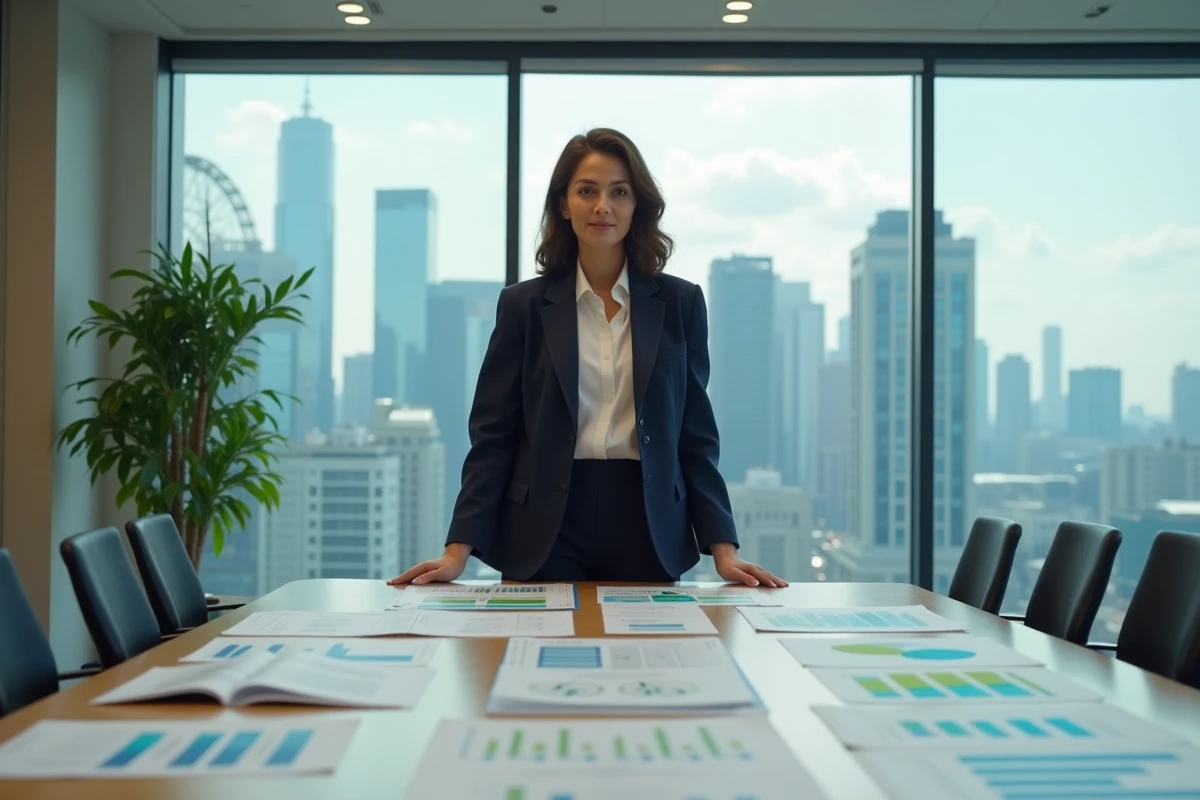 Professionnelle en blazer marine consultant des rapports ESG sur une grande table de réunion dans un bureau moderne