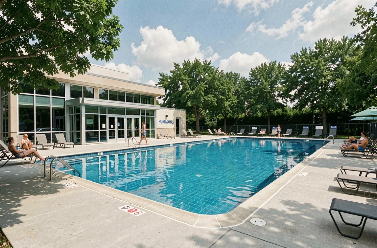 Piscine collective municipale moderne avec baigneurs et espaces extérieurs