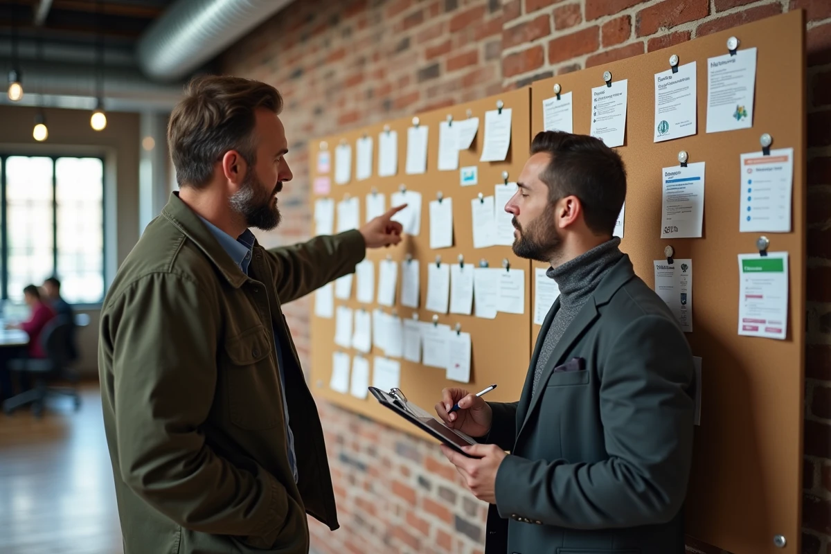 Deux entrepreneurs planifiant la structure d'une nouvelle organisation devant un tableau de planification avec fiches et organigramme