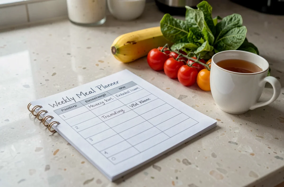 Planning de repas de la semaine posé à côté de légumes frais