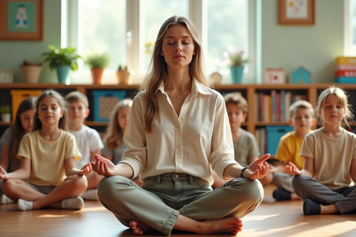 Enseignante guidant des élèves de primaire dans un exercice de pleine conscience en classe, assis en cercle les yeux fermés
