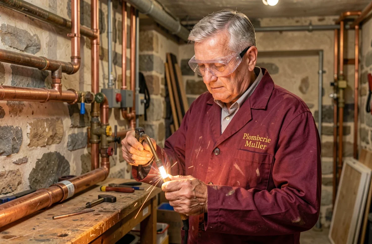 Artisan de Plomberie Muller soudant un joint en cuivre dans une cave de maison alsacienne avec une torche professionnelle