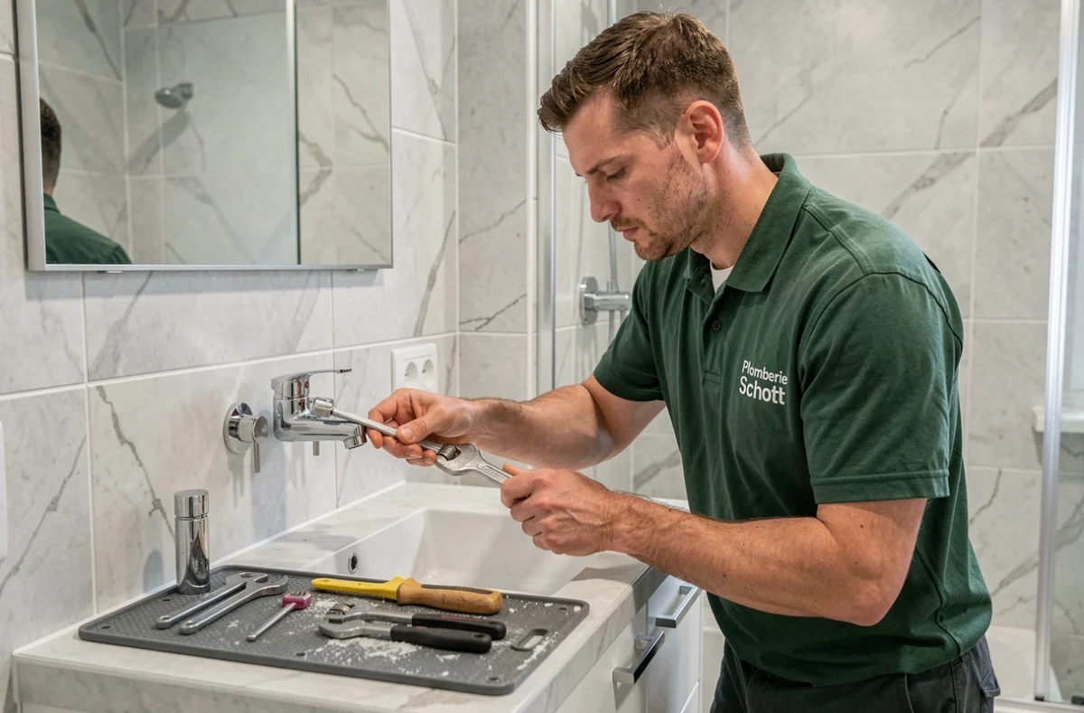 Plombier de Plomberie Schott installant un nouveau robinet dans une salle de bain rénovée d'un appartement alsacien