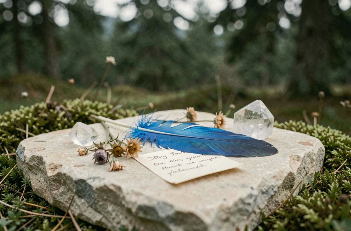 Plume bleue posée sur une pierre dans la nature entourée de cristaux et fleurs séchées pour un rituel spirituel