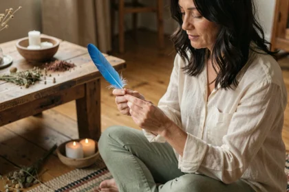 Femme tenant une plume bleue lors d'un rituel spirituel symbolisant une demande de réponse claire