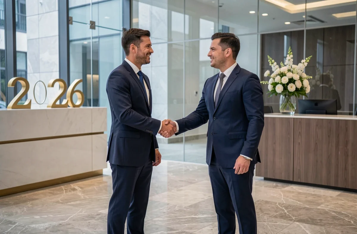 Deux collègues en costume se serrant la main dans un hall d'entreprise moderne pour célébrer la nouvelle année 2026