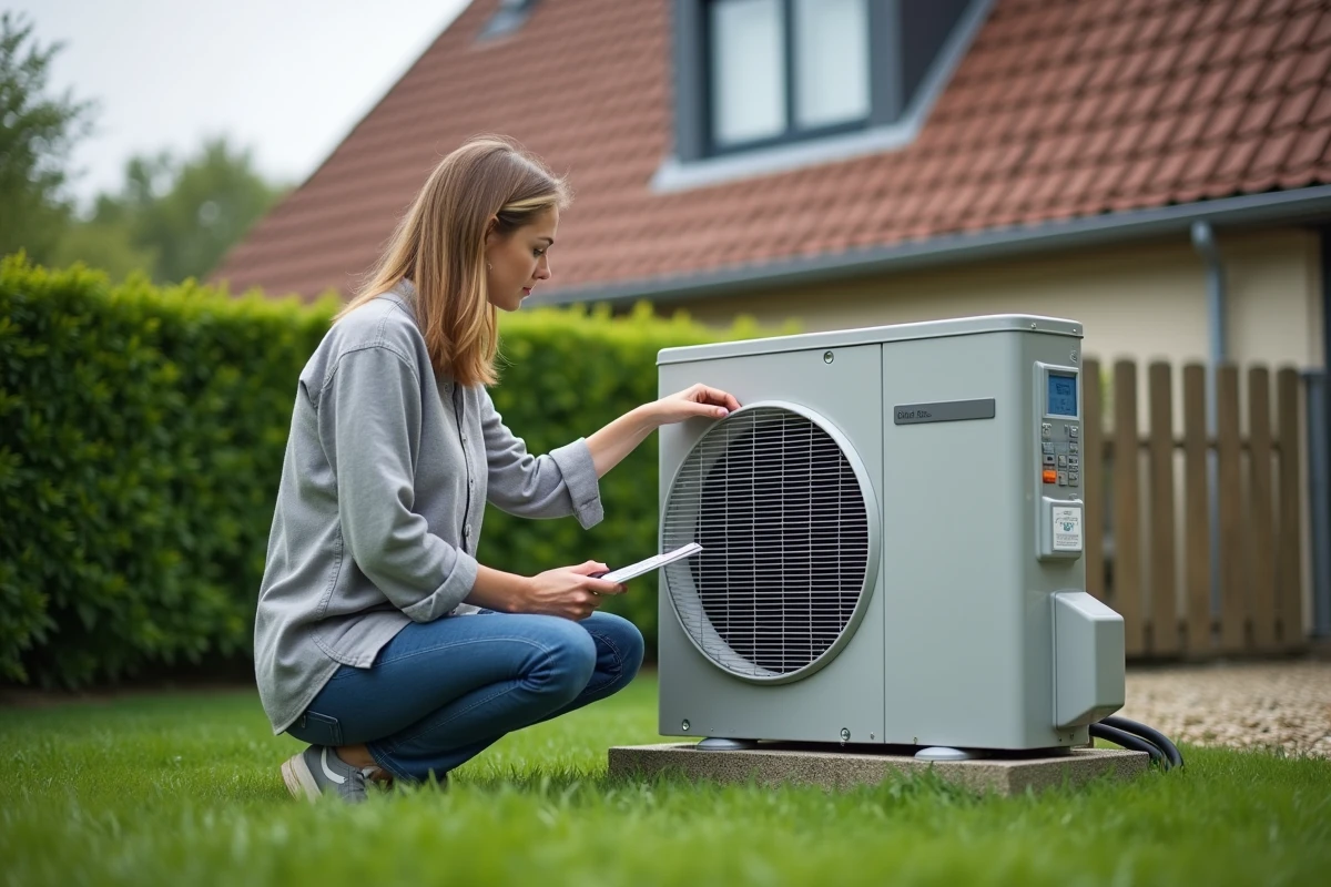 Propriétaire féminine inspectant une pompe à chaleur installée dans le jardin pour réduire la consommation énergétique et améliorer le DPE