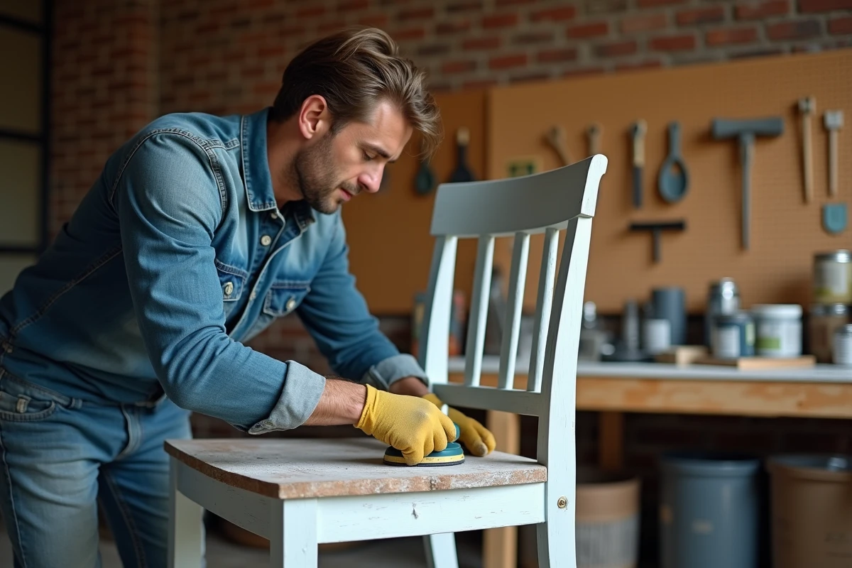 Homme ponçant une chaise peinte à la craie pour un effet vieilli et patiné dans un atelier de rénovation