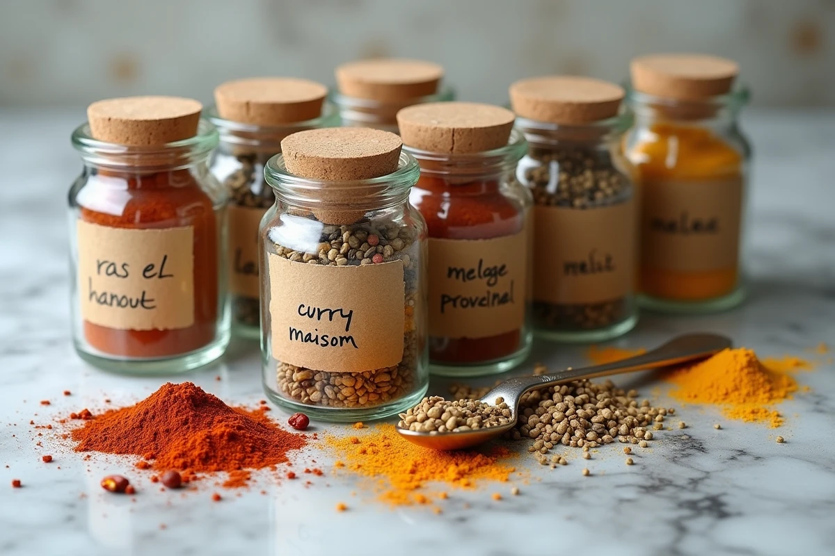 Pots en verre de mélanges d'épices maison étiquetés à la main sur marbre, vue rapprochée et détaillée