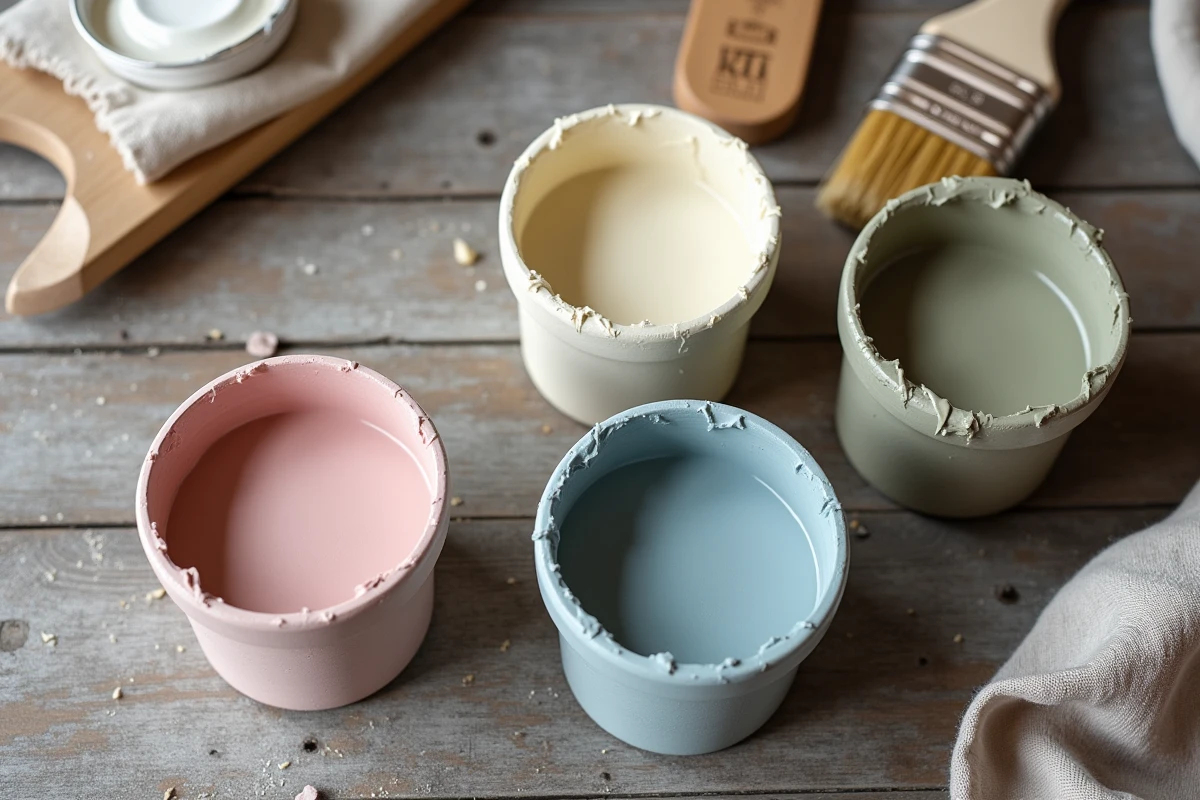 Pots de peinture à la craie en teintes pastel et naturelles disposés sur une table en bois brut