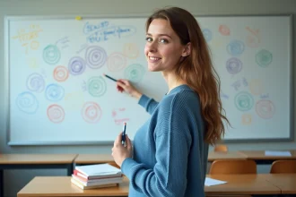 Jeune femme expliquant le principe d'inclusion-exclusion sur un tableau blanc avec des diagrammes de Venn colorés dans une salle de séminaire universitaire